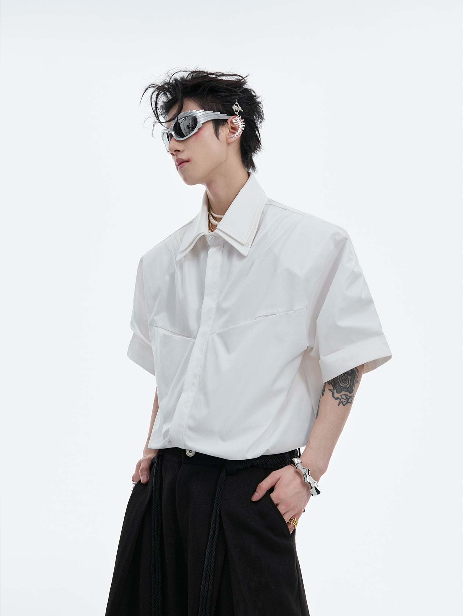 Double Layered Collar Shoulder Pads Plan Shirt