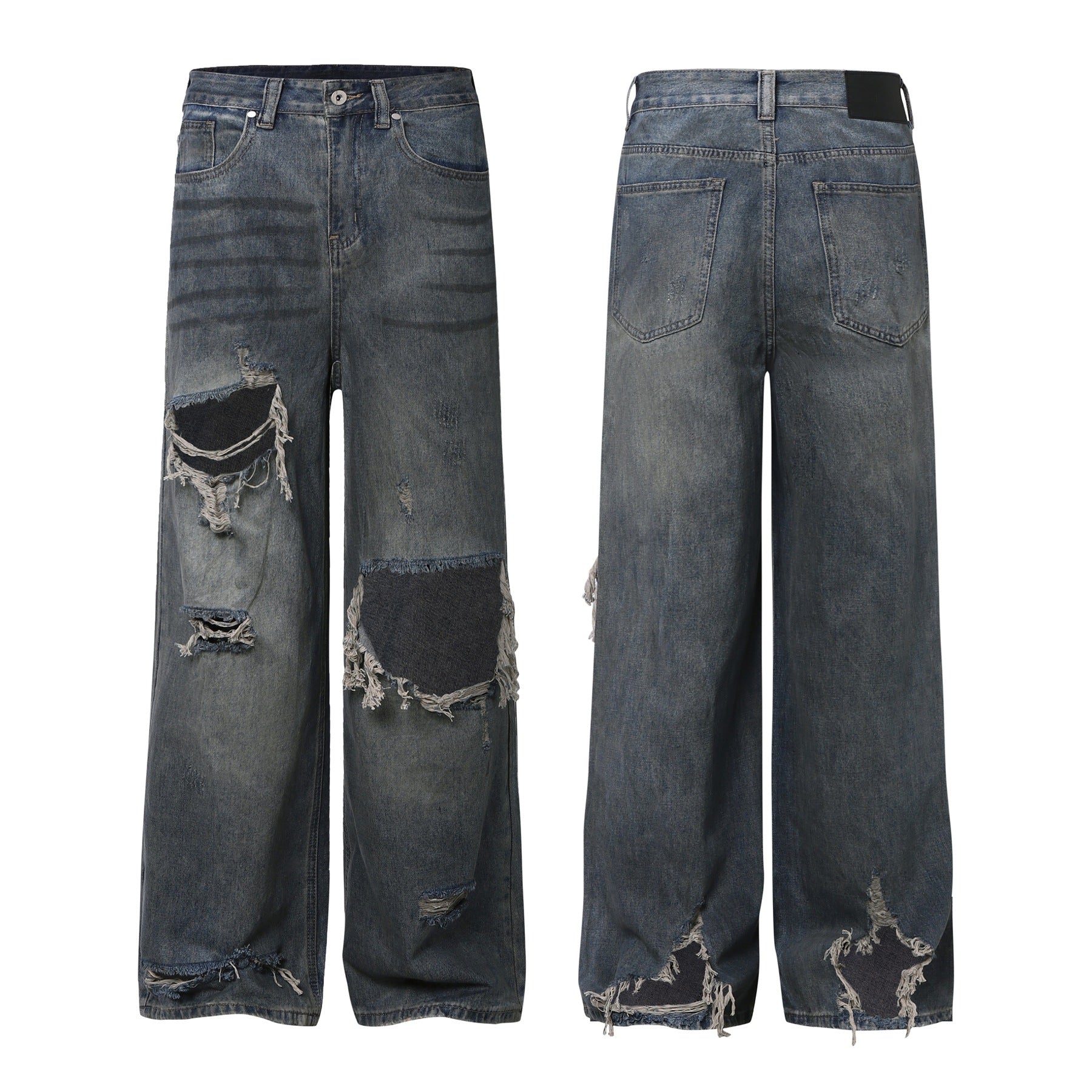 Washed Damage Wide Leg Denim Jeans
