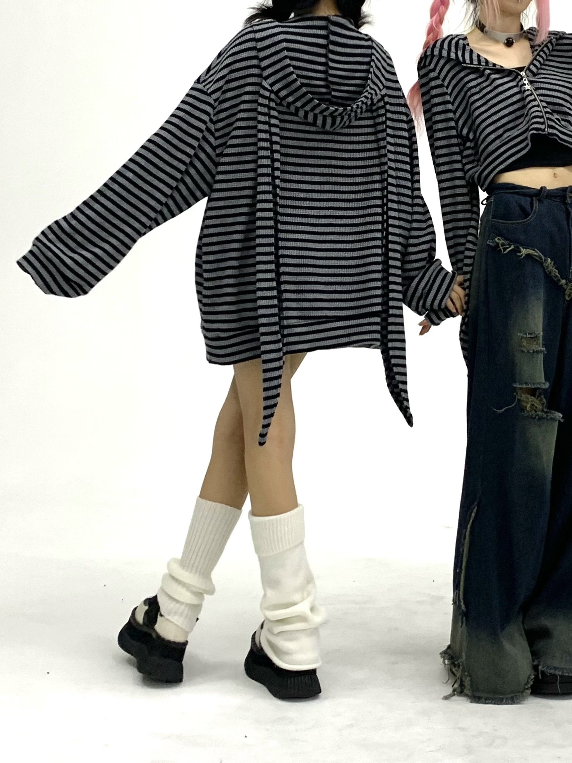 Striped Rabbit Ear Oversize Zipper Jacket & Zipper Coat