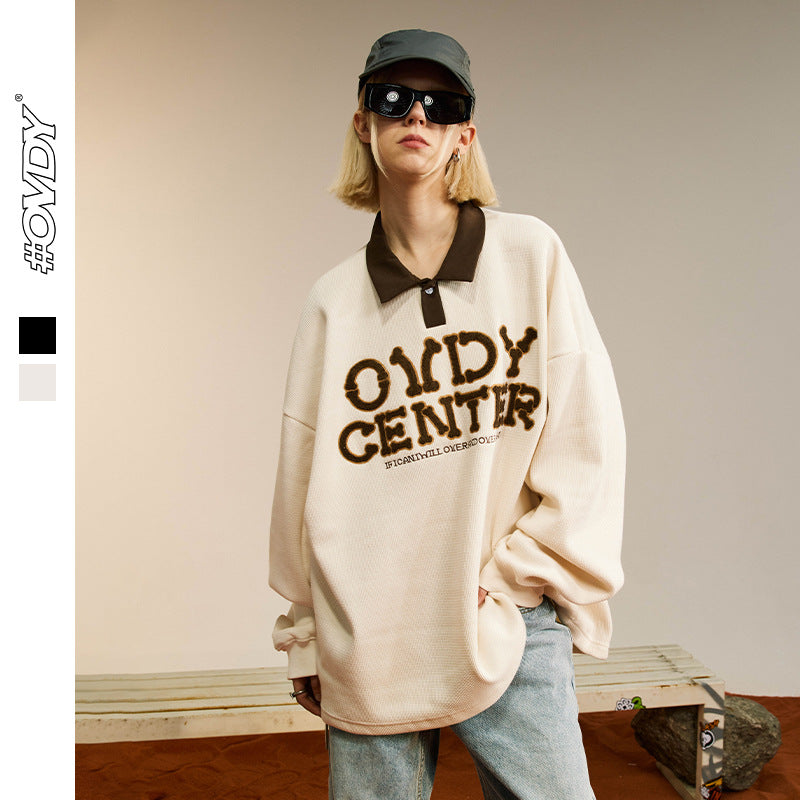 Contrast Waffle Fleece Polo Collar Sweatshirt