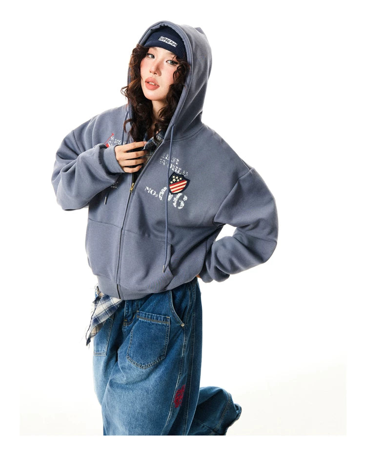 Letter Embroidery Washed Zipper Hoodie
