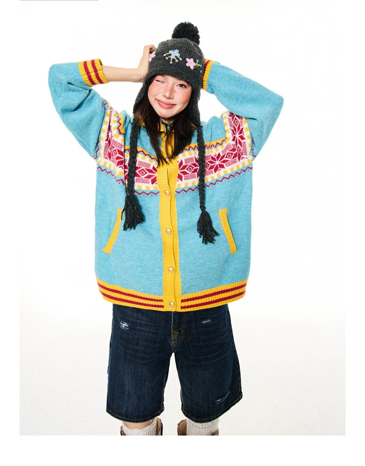 Contrast Pattern Hooded Knit Cardigan