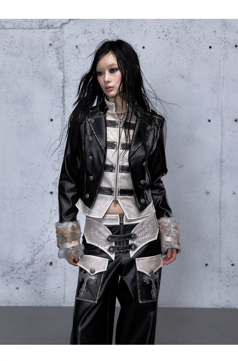 Standing-Collar Belt Detail Fake Fur Cuff PU Leather Jacket