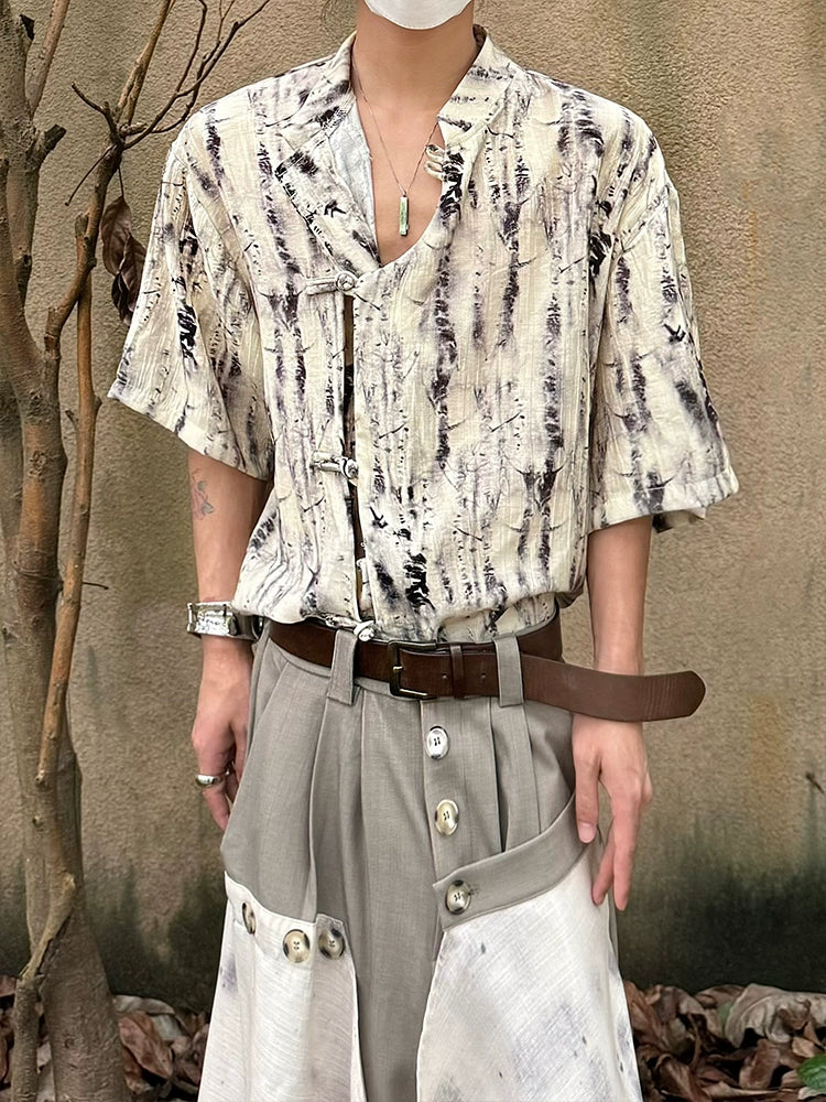 Tie-Dye Frog Button Standing-Collar Short Sleeve Shirt