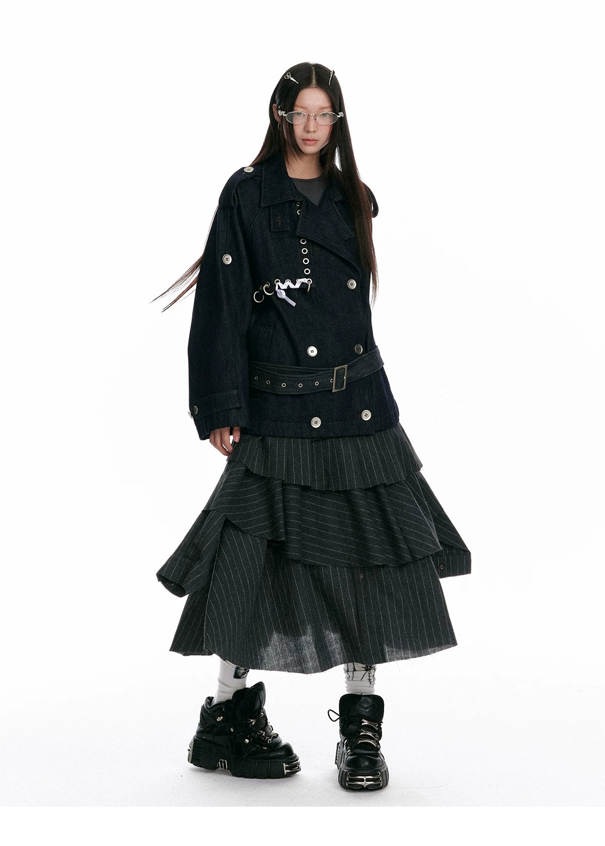 Textured Asymmetrical Striped Midi Ruffle Skirt