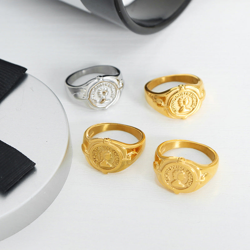 Retro Portrait Design Ring, Gold Tone Coin Ring, Vintage-Inspired Fashion Jewelry, Engraved Profile Statement Piece, Unique Women's Accessory, Popular Choice for Gifting, Best Seller in Antique-Style Rings.