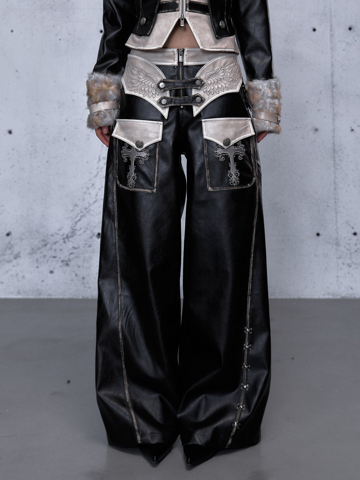 Lace Panel Buckle Detail Wide Leg PU Leather Pants