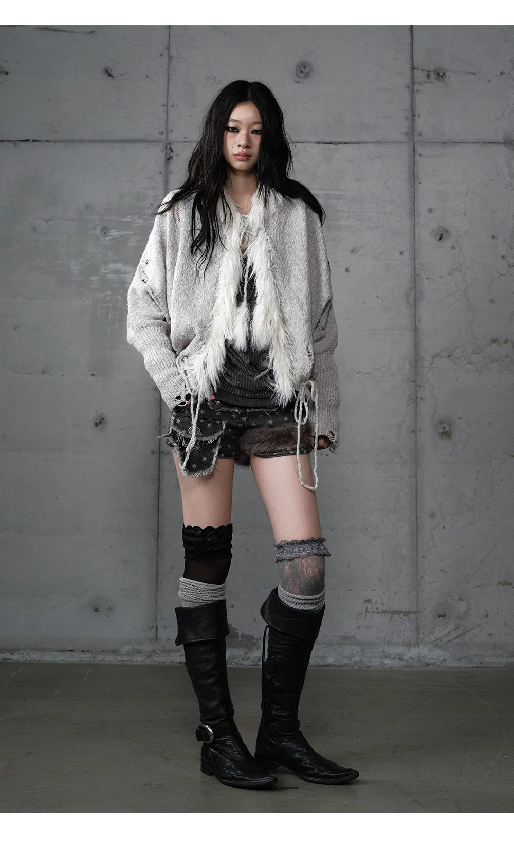 Fake Fur Trim Drawstring Oversize Knit Cardigan