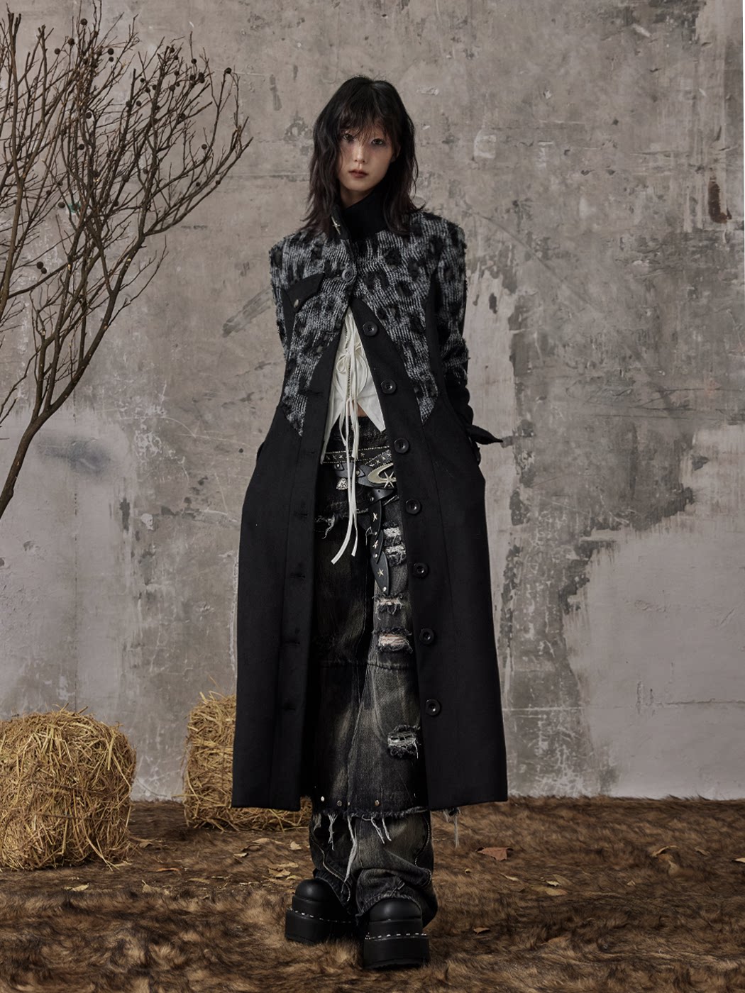 High-Neck Studs Patchwork Wool Coat