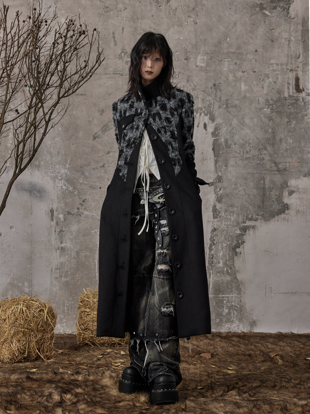High-Neck Studs Patchwork Wool Coat