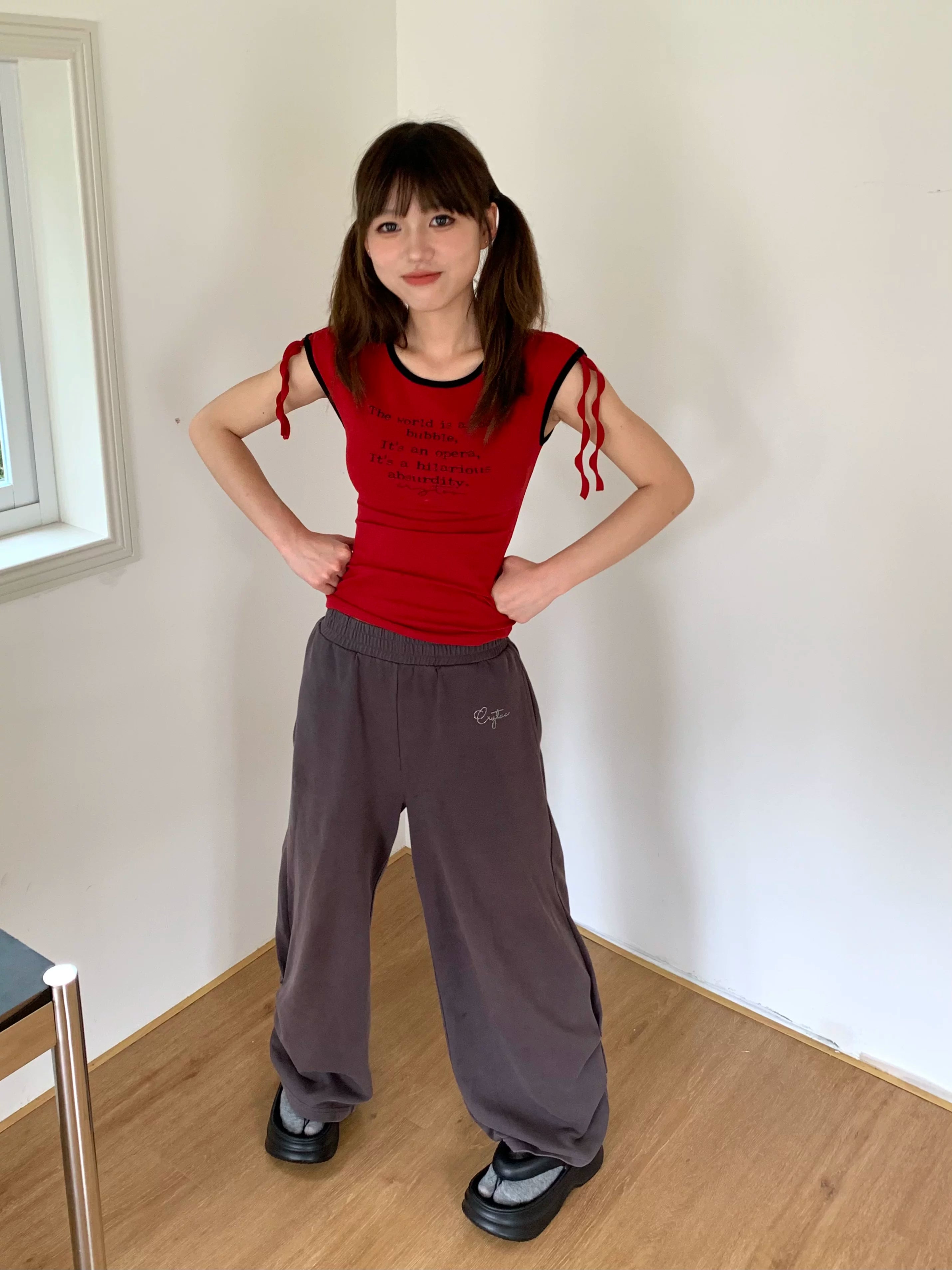 Rhinestone Drawstring Wide Leg Sweatpants