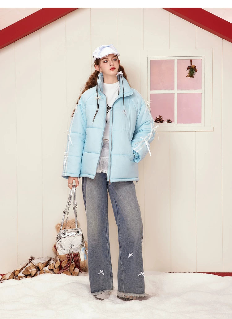 Embroidery Lace Patchwork High-Neck Oversize Puffer Jacket