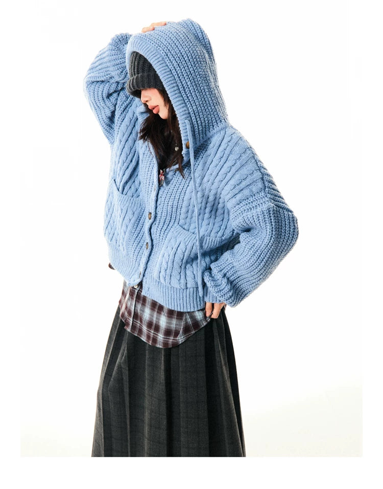 Hooded Button Oversize Cable Knit Cardigan