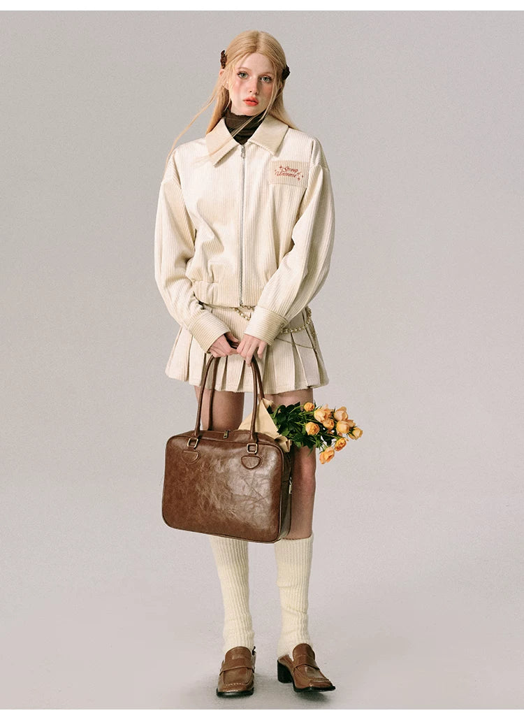 Velvet Collar Jacket & Long Skirt & Pleats Short Skirt Setup