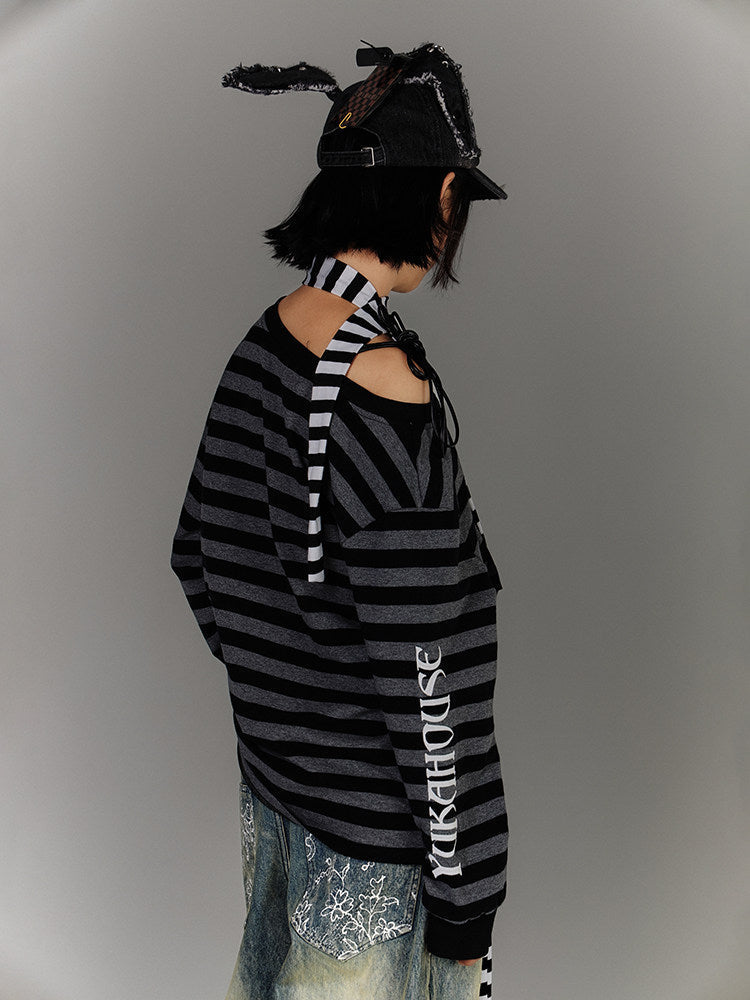 Off-Shoulder Drawstring Stripe Oversize Long Sleeve T-Shirt