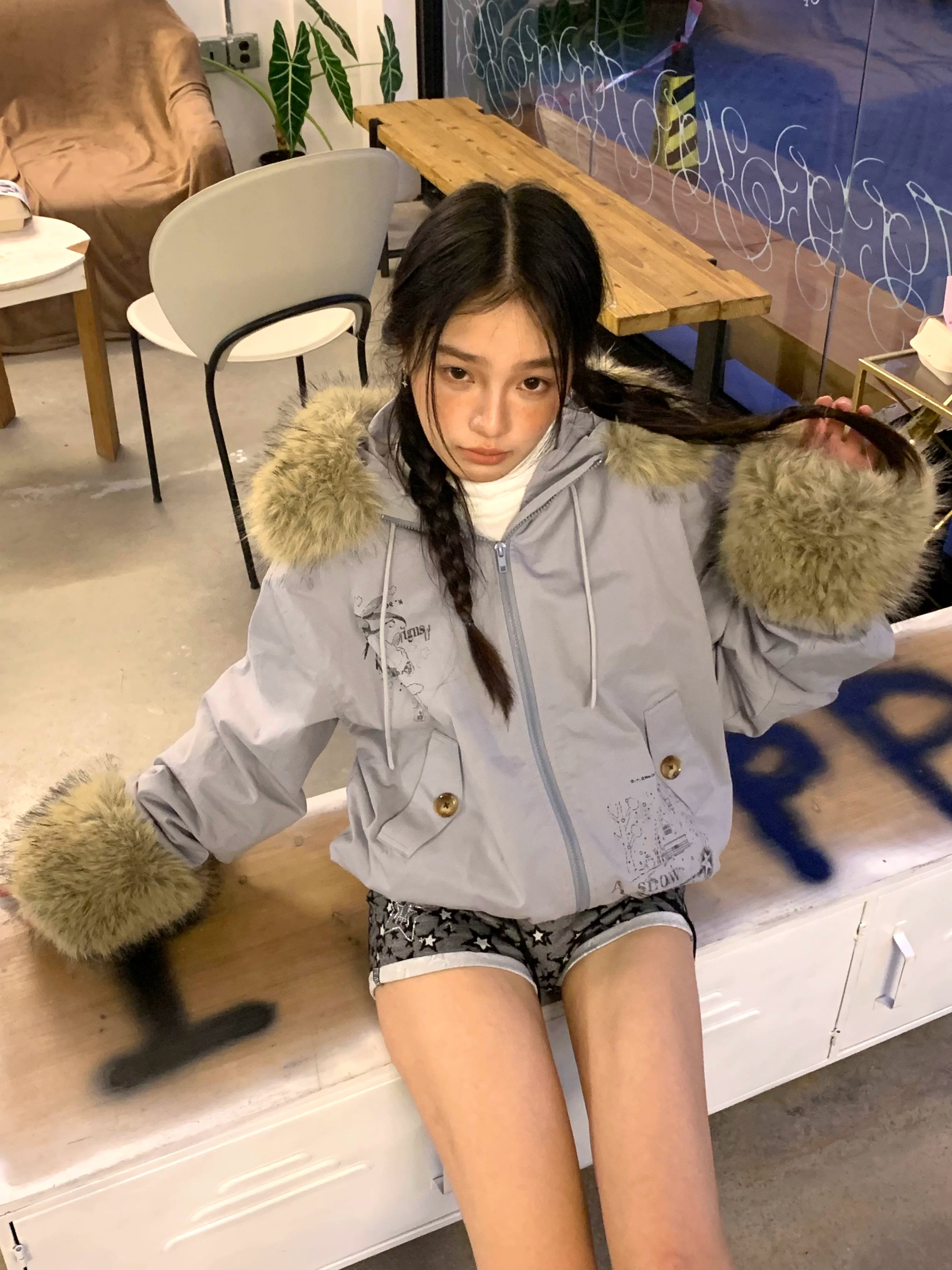 Fake Fur Trim Graphic Print Oversize Hooded Jacket
