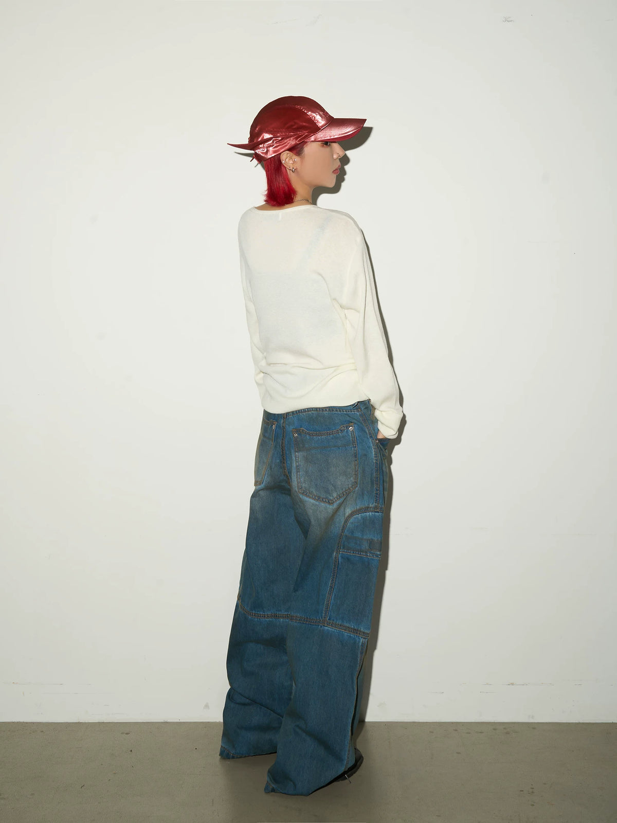 Washed Panel Strap Detail Wide Leg Denim Jeans