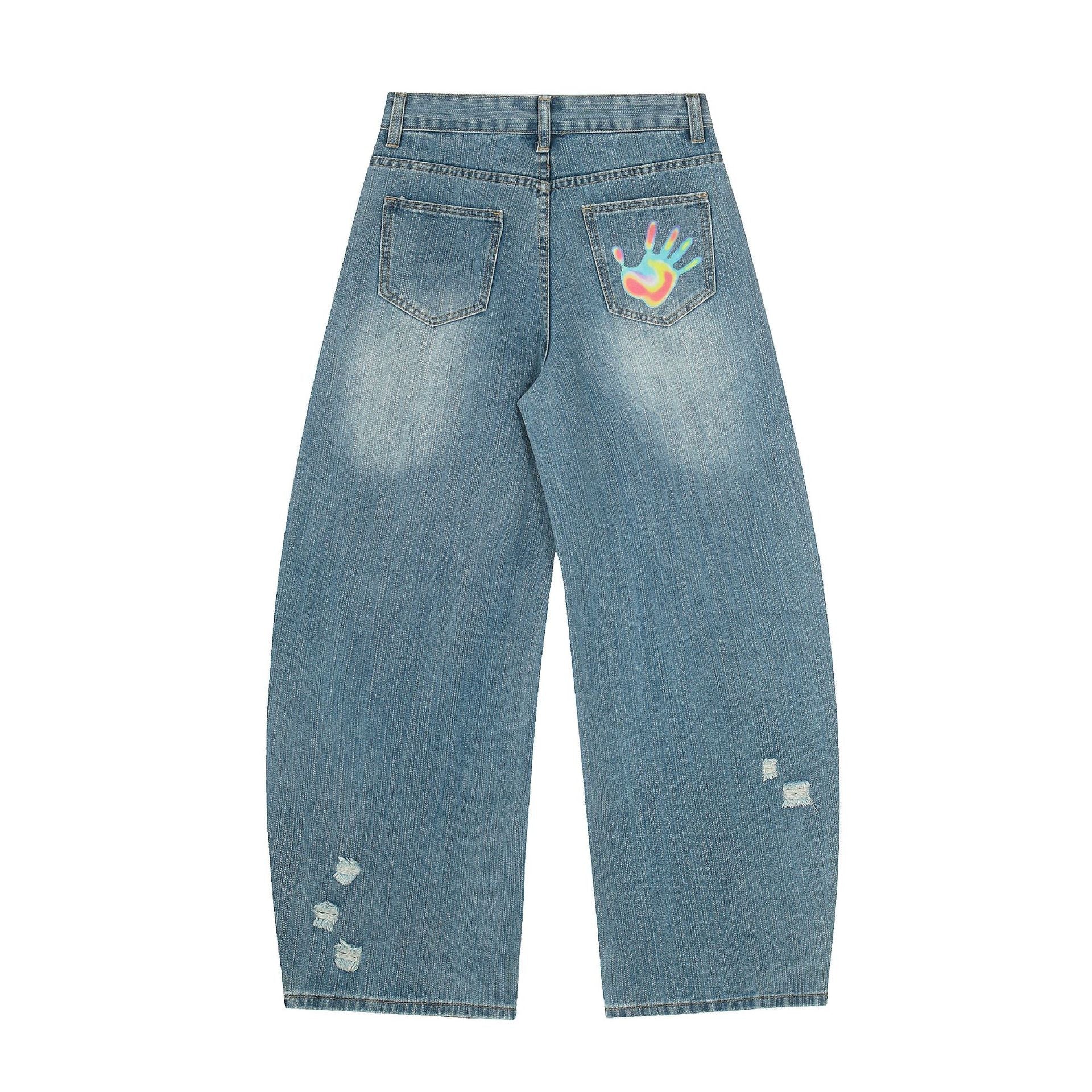 Star Heart Print Curved Wide Leg Denim Jeans