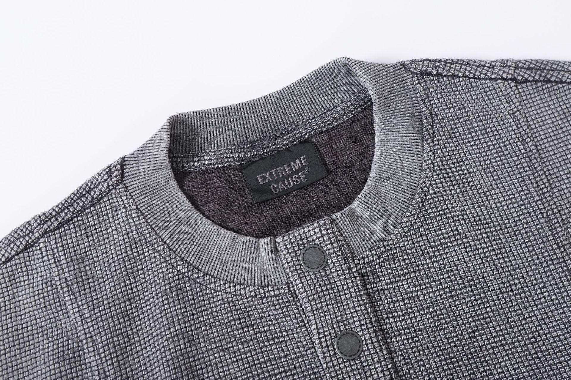 Half-Open Collar Check Wash Damage Short Sleeve T-Shirt