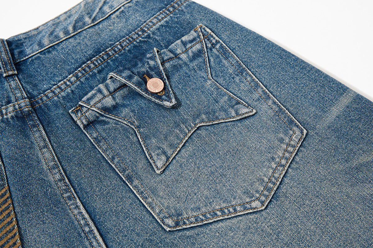 Embroidery Curved Wide Leg Denim Jeans