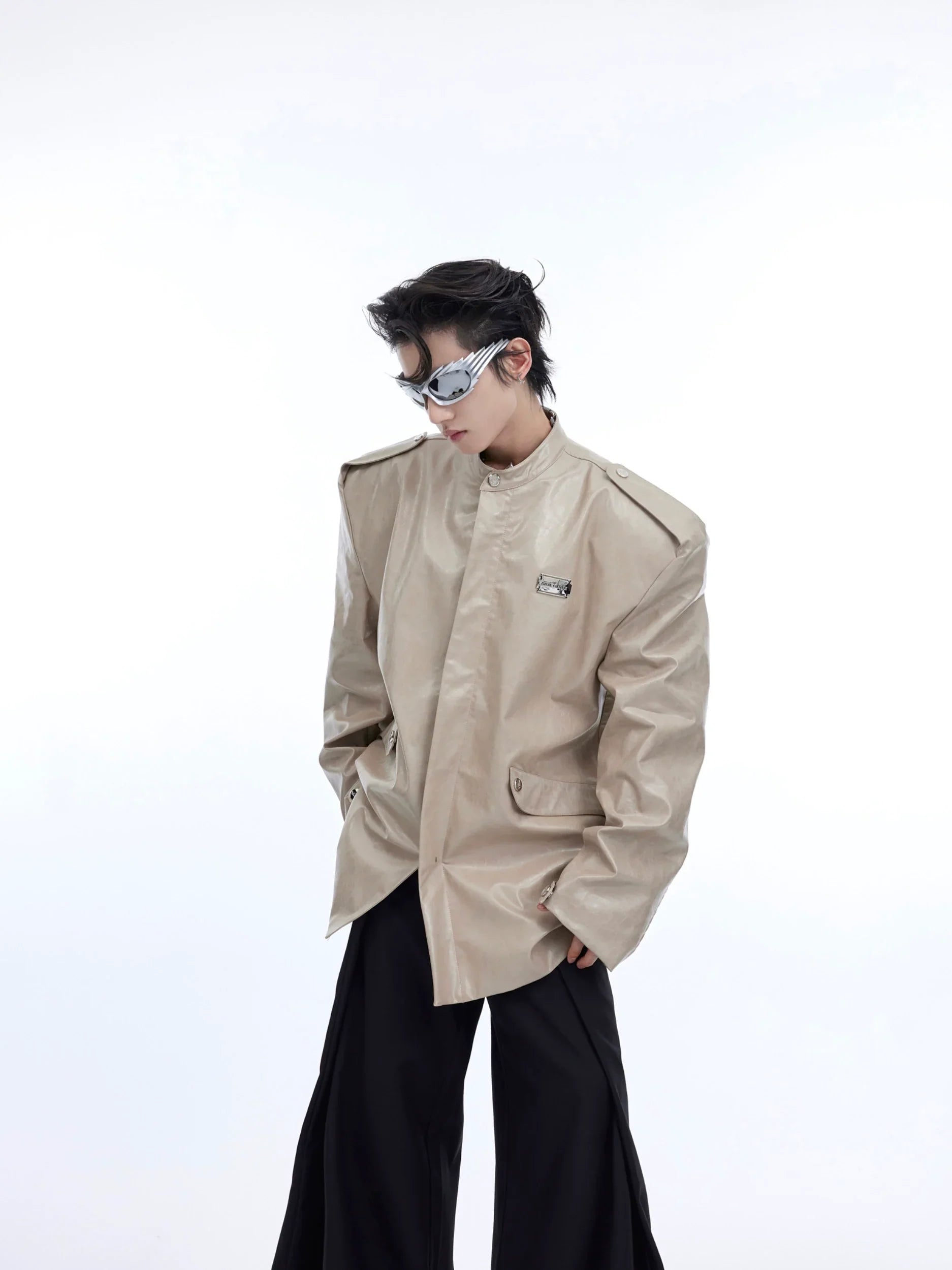 Oversize Shoulder Pad PU Leather Jacket