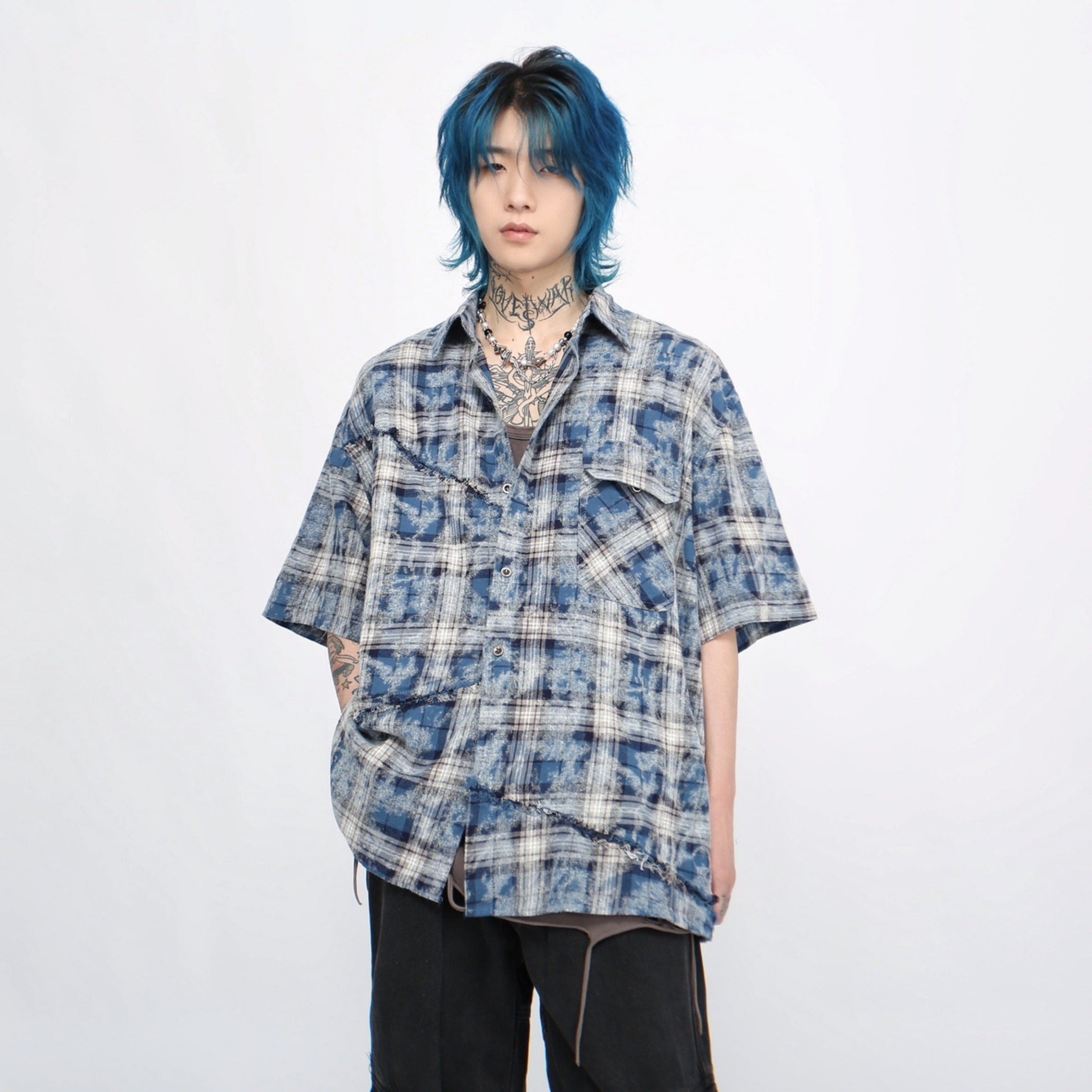 Tie Dye Plaid Raw-edge Short Sleeve Shirt