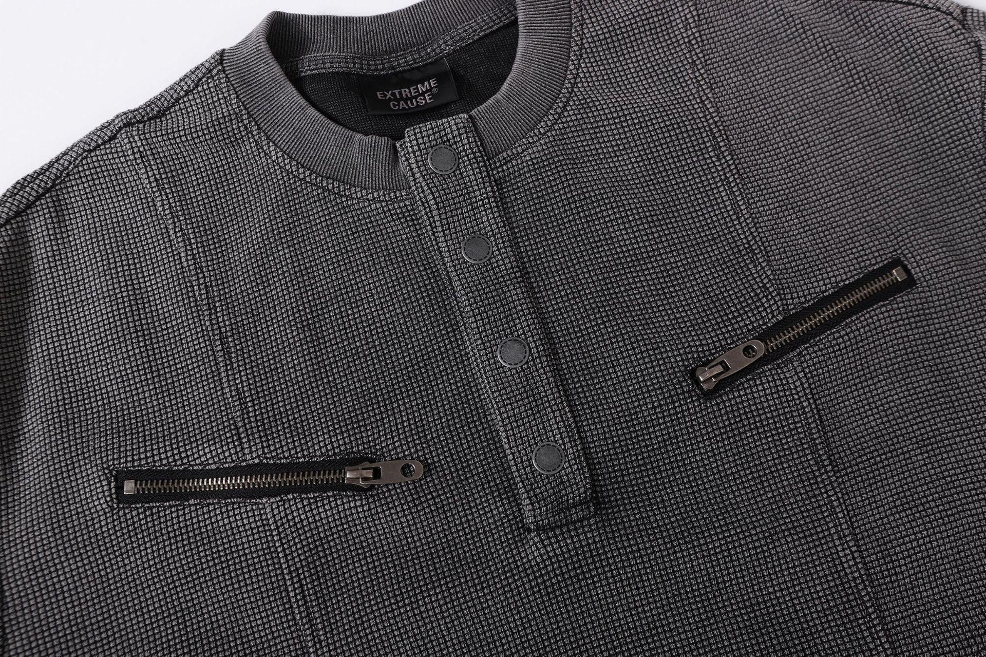 Half-Open Collar Check Wash Damage Short Sleeve T-Shirt