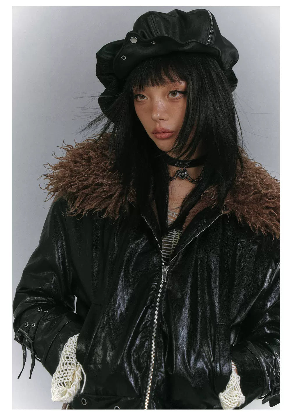 Detachable Fur Collar Glossy Padded PU Leather Jacket