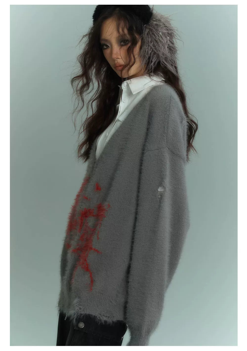 V-Neck Fake Mink Damage Zipper Knit Cardigan