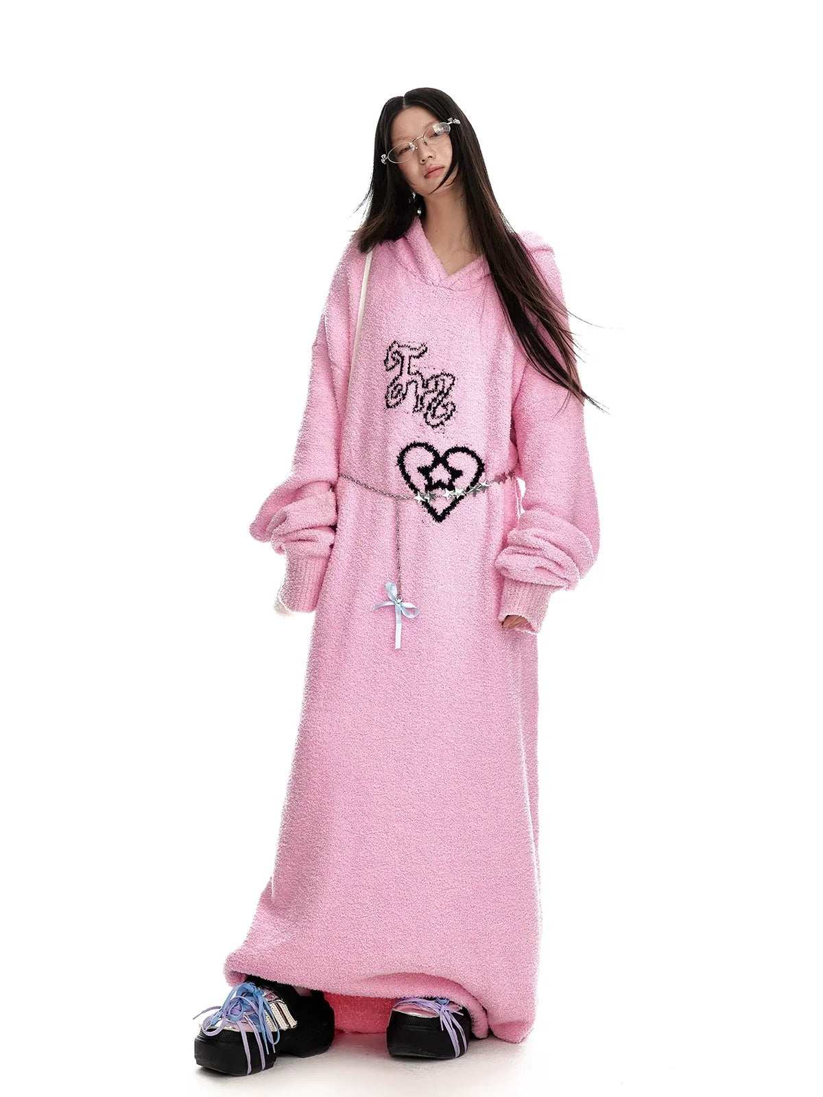 Fuzzy Hooded Knit Sweater Dress