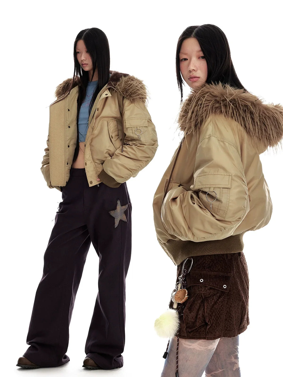 Hooded Fur-Collar White Duck Down Jacket