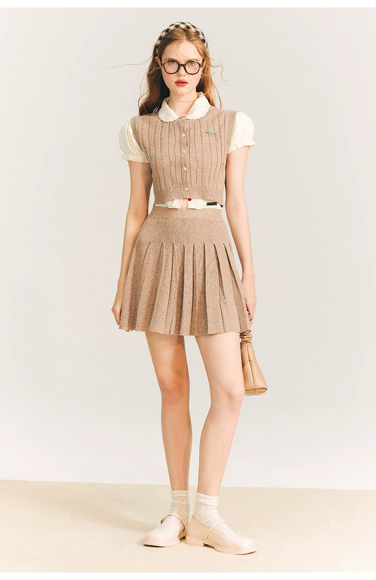 Button Knit Vest & Knit Pleated Skirt Setup