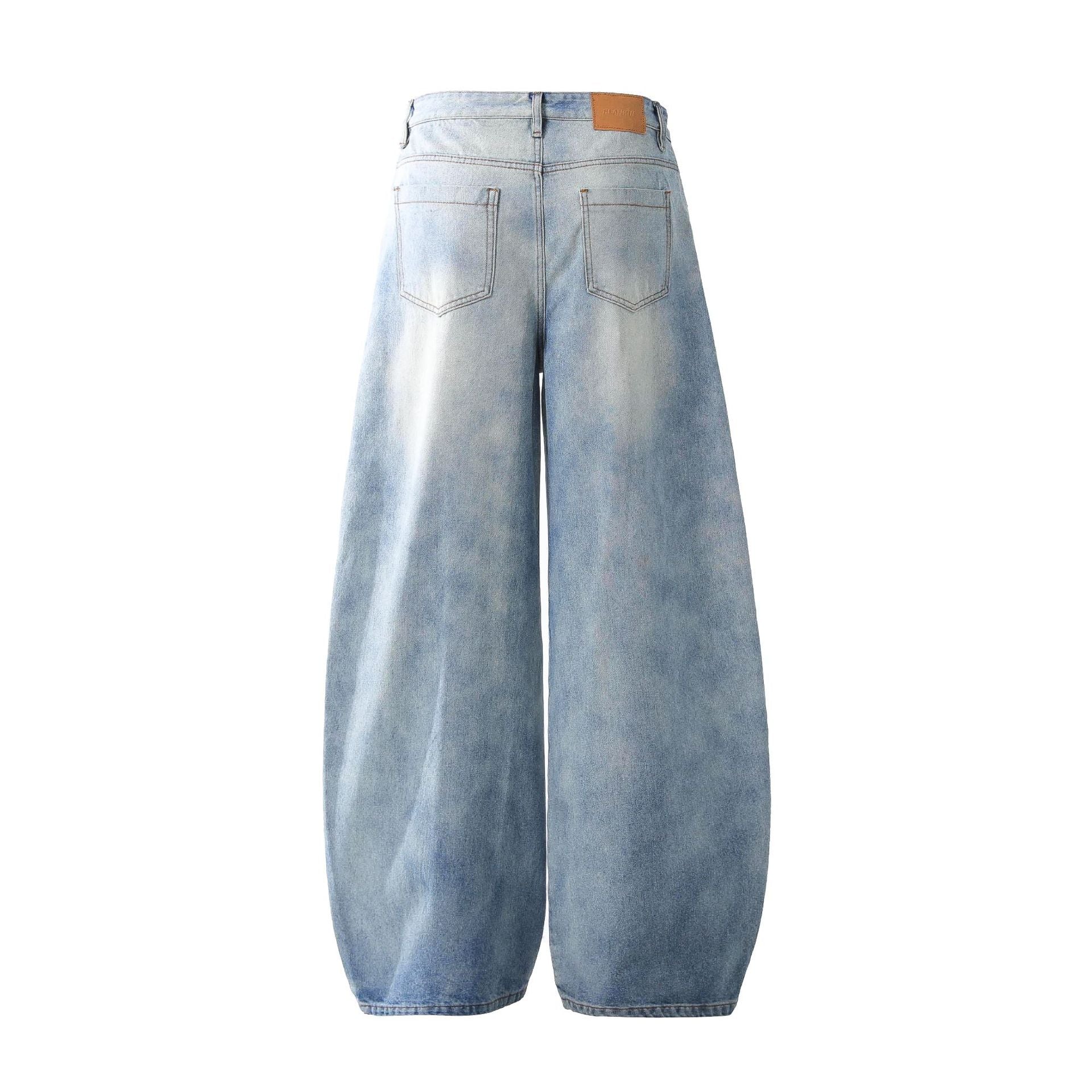 Deconstruction Whisker Curved Wide Leg Denim Jeans