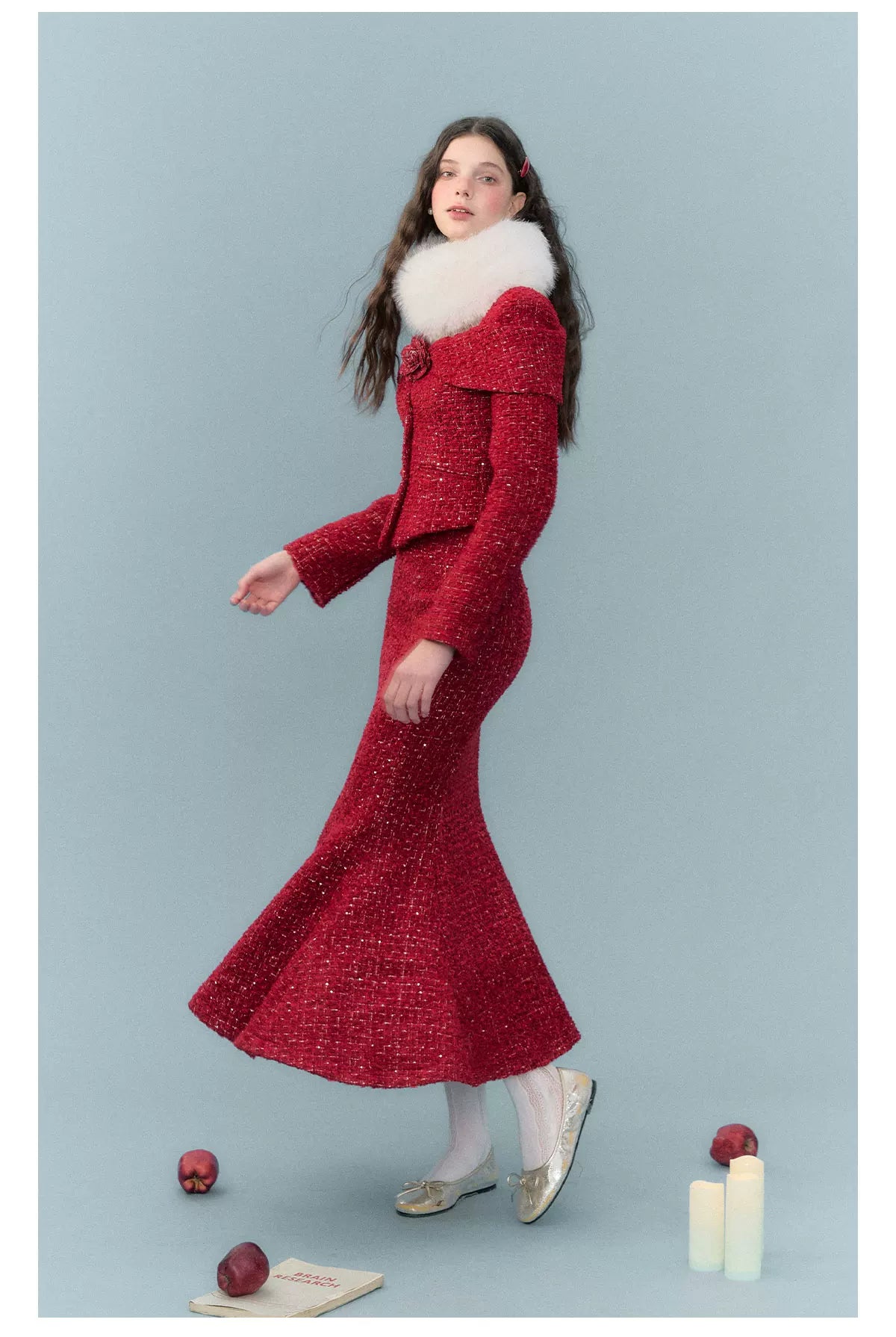 Short Tweed Jacket & Tweed Short Skirt & Tweed Fishtail Long Skirt & Fur Scarf Setup