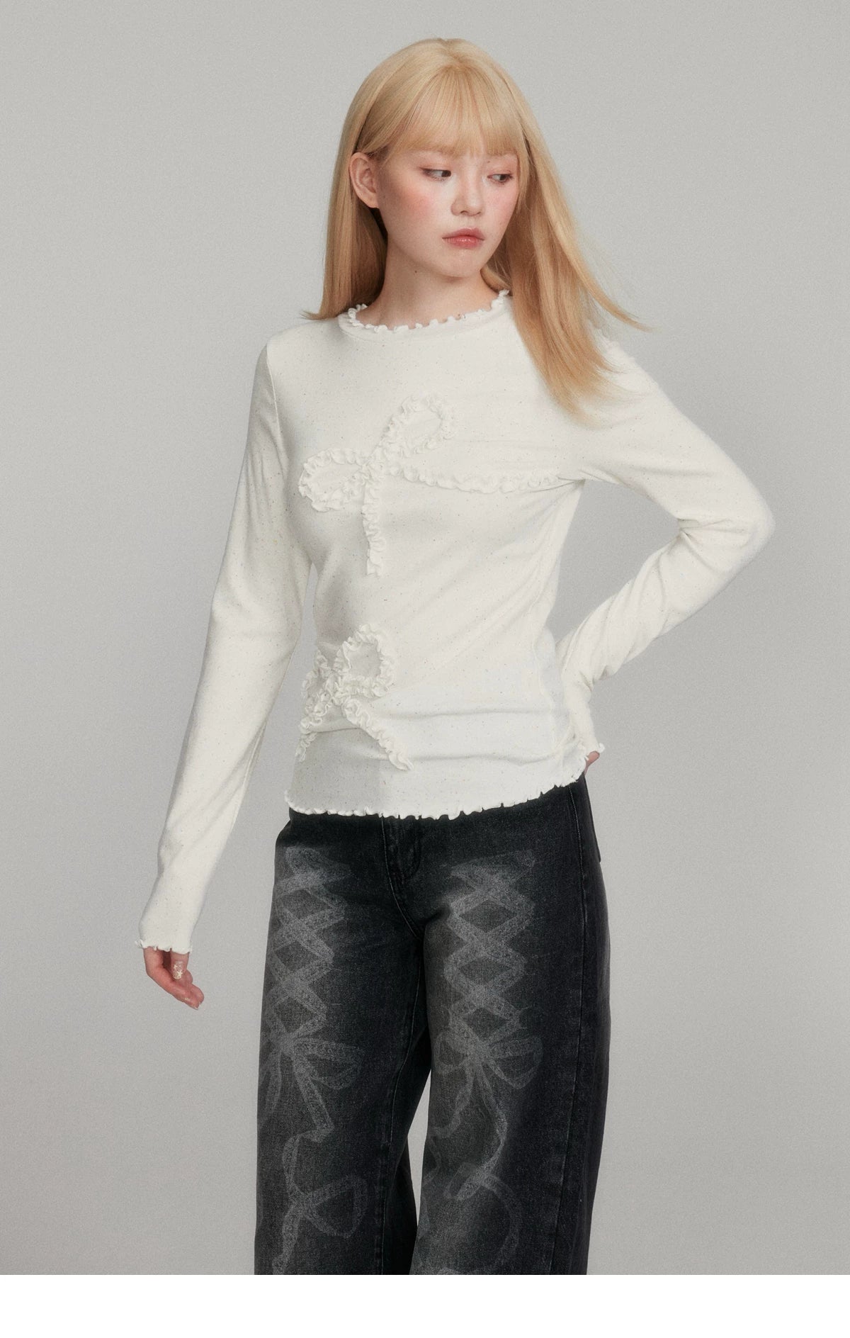 Dot Pattern Bow Lyocell Thermal Long Sleeve T-Shirt