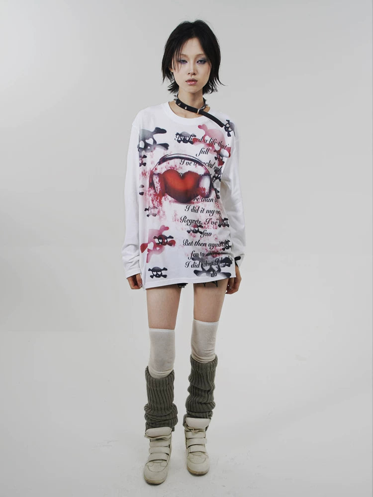 Heart Skull Print Long Sleeve T-Shirt