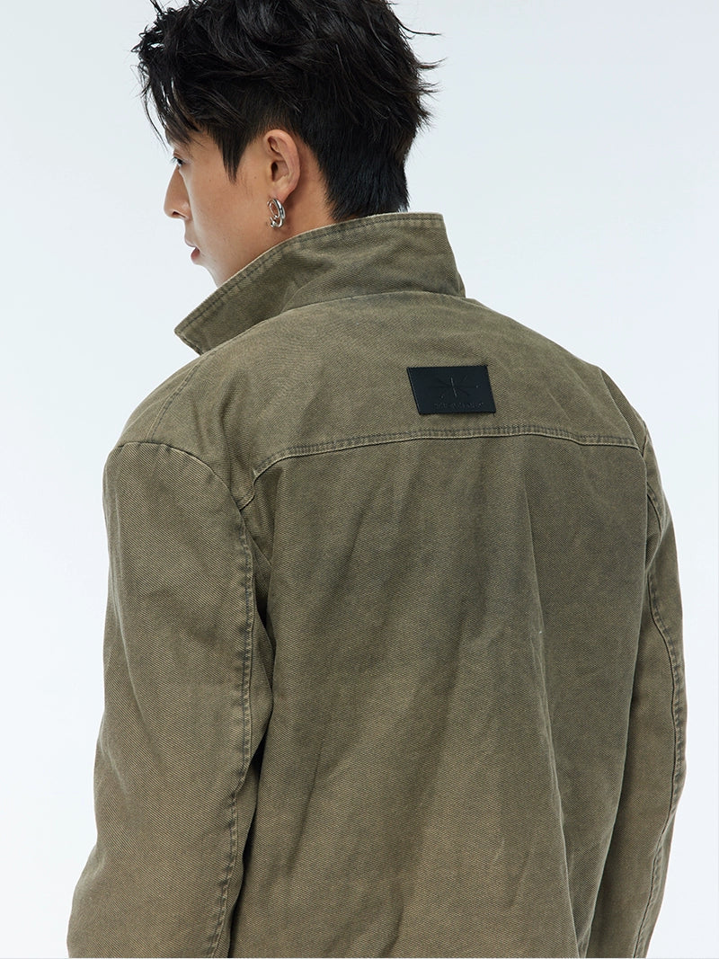 Washed Polo Collar Zipper Jacket