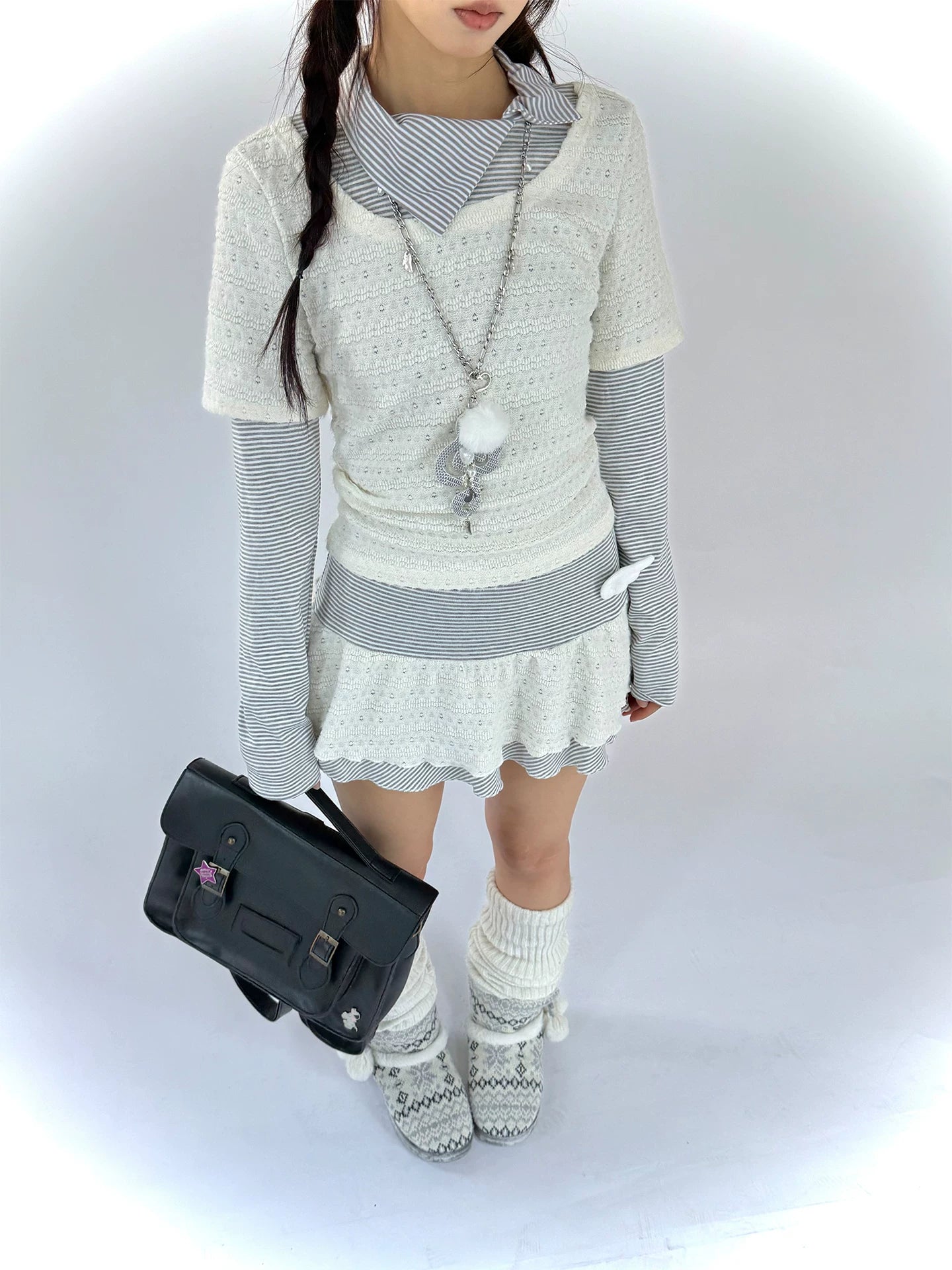 Fake Layered Striped Ruffle A-Line Dress