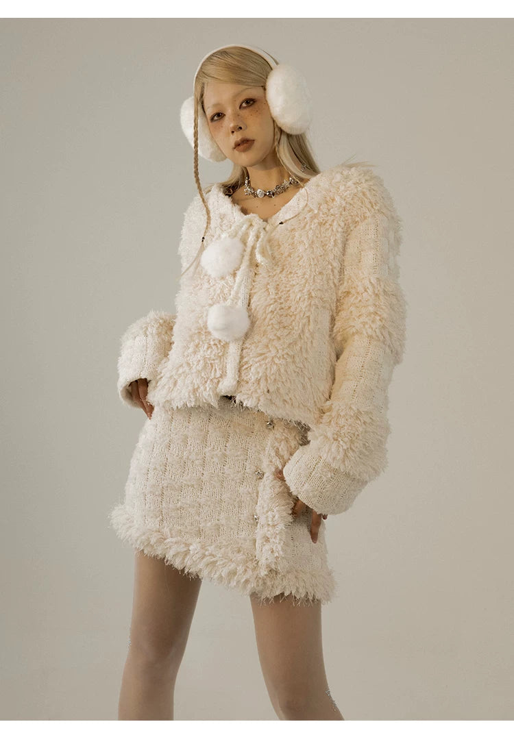Fleece Lining Soft Fuzzy Knit Cardigan & Half Skirt Setup