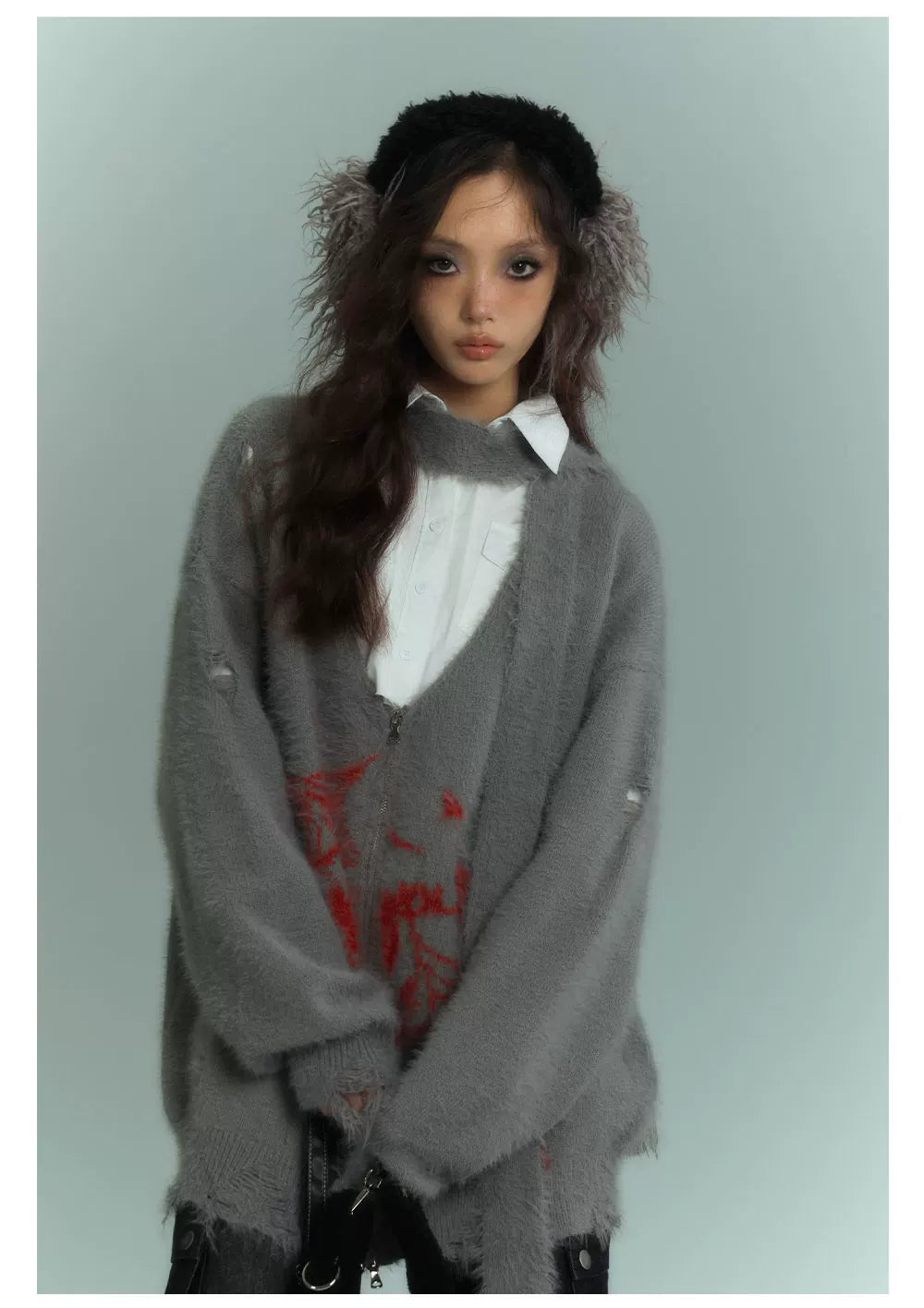 V-Neck Fake Mink Damage Zipper Knit Cardigan