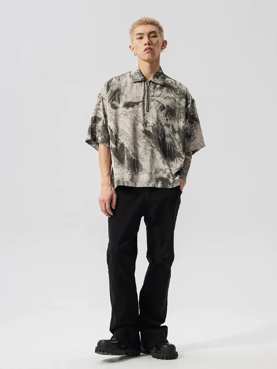Tie-Dye Ink Design Half Zipper Polo Shirt