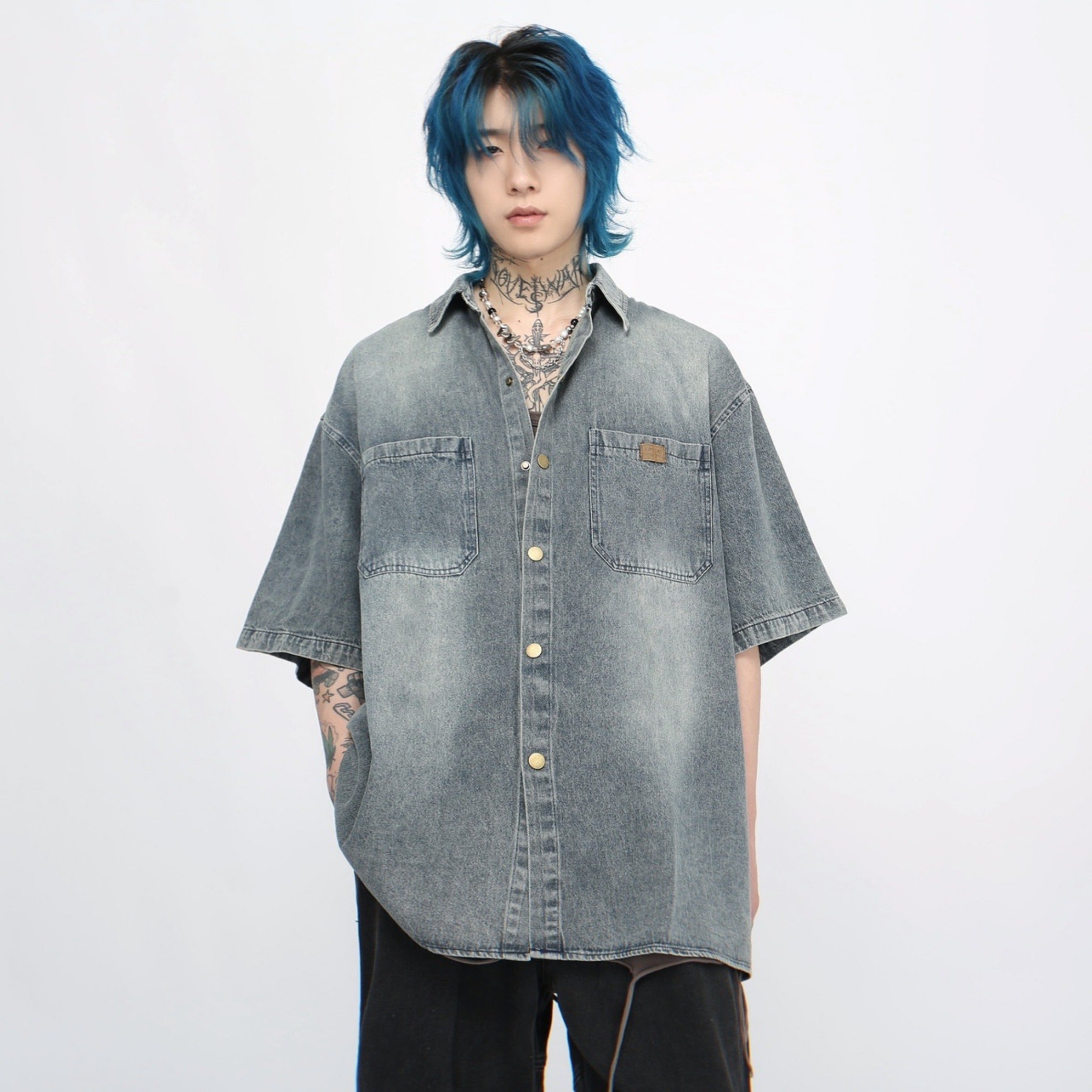 Washed Oversize Denim Short Sleeve Shirt