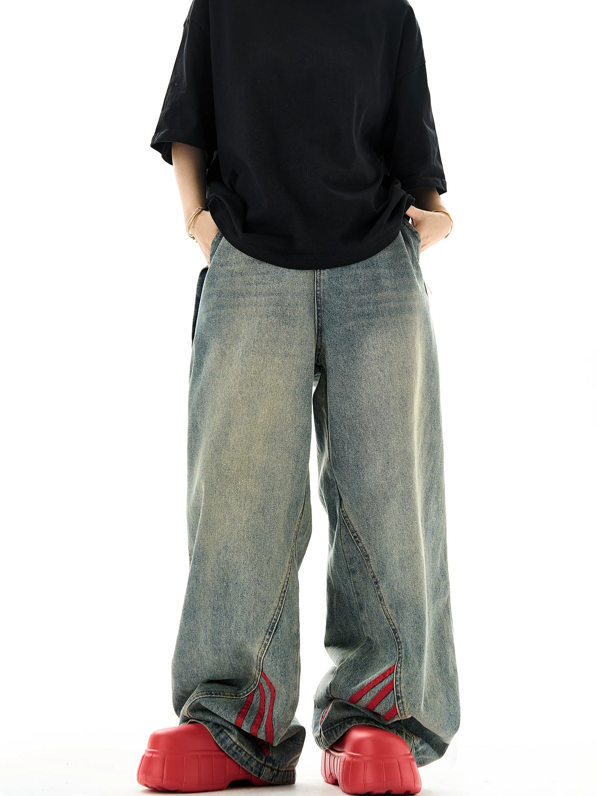 Side Stripes Wide-Leg Straight Denim Jeans