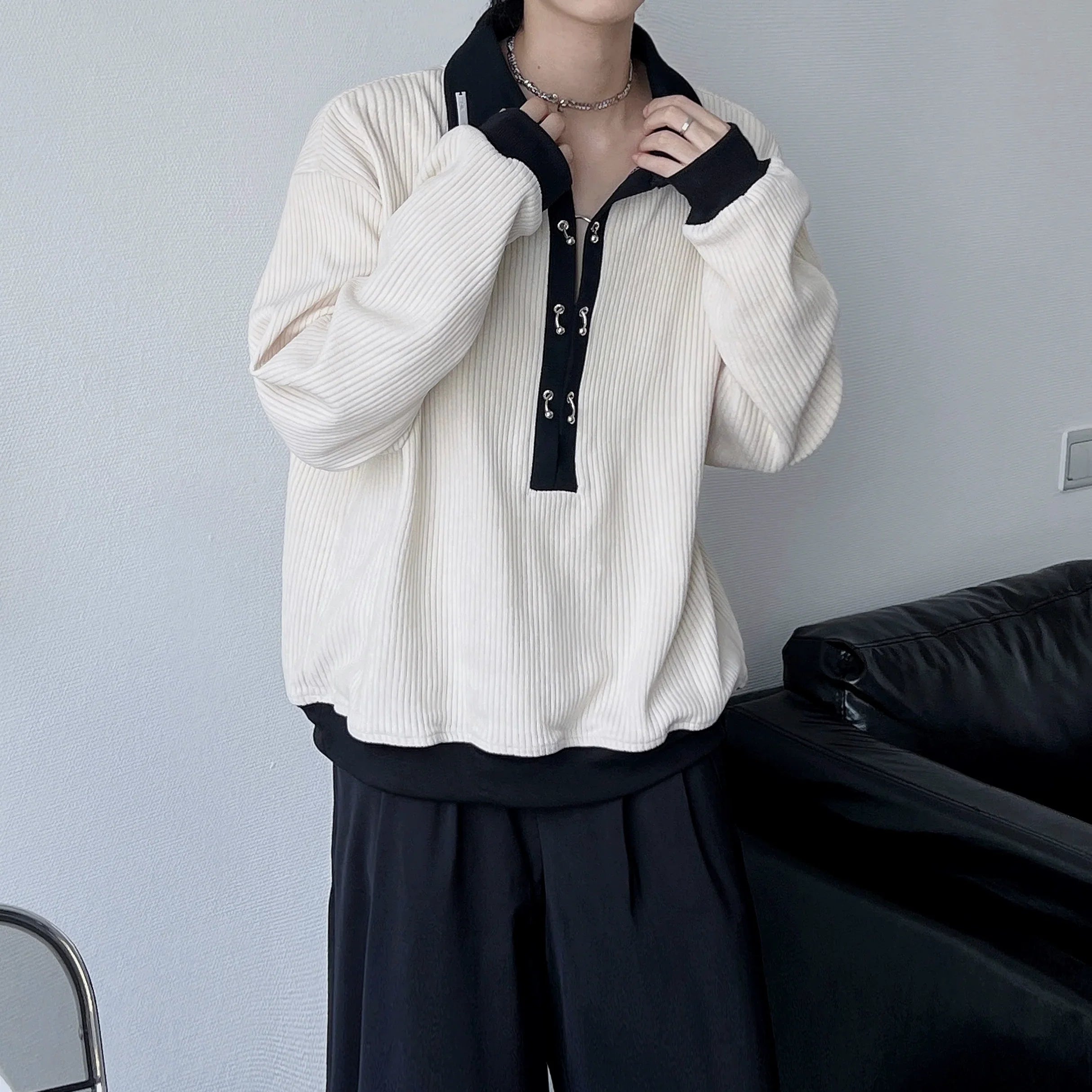 Metal Button Long Sleeve Polo Shirt