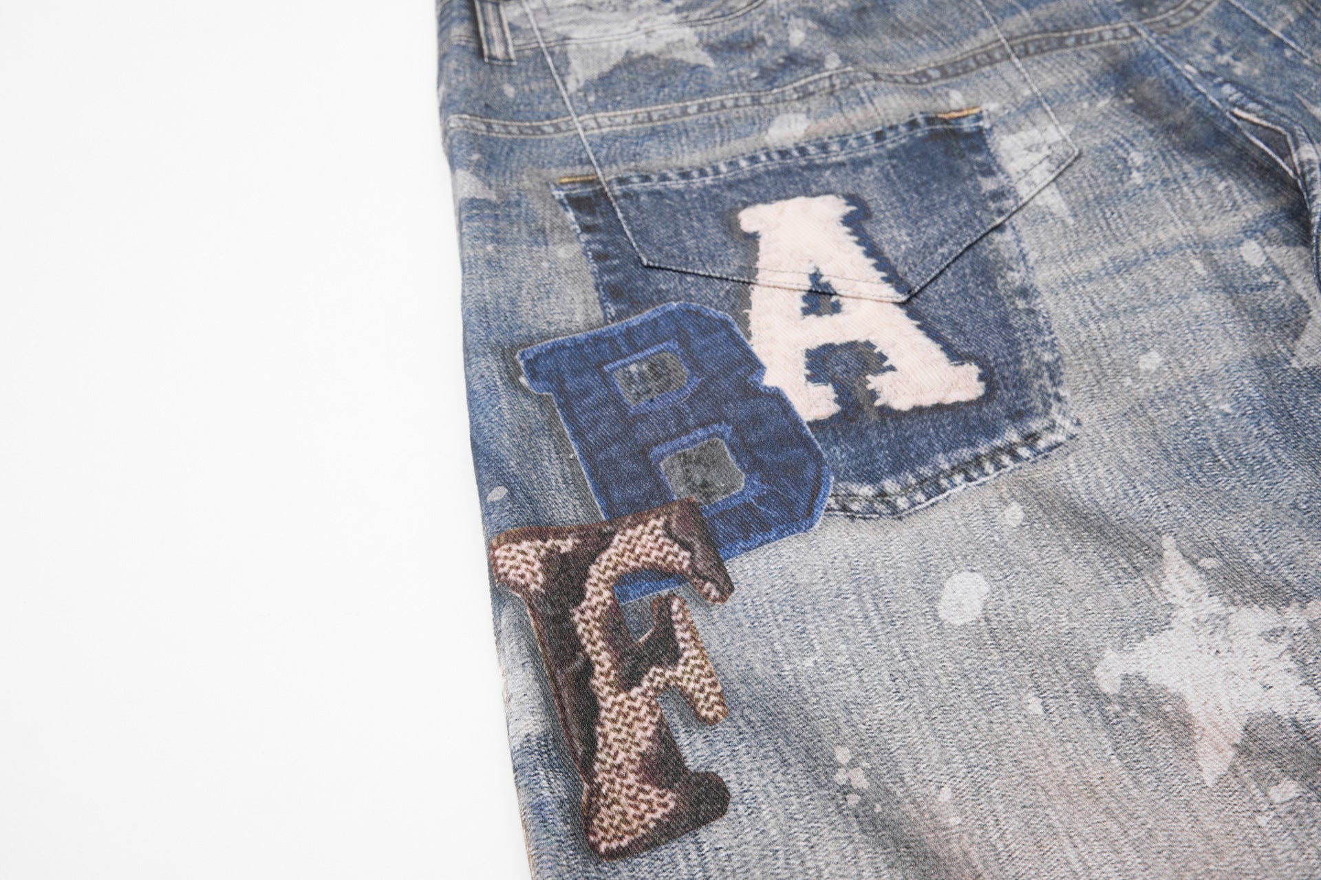 Star Print Fake Layered Curved Wide Leg Denim Jeans