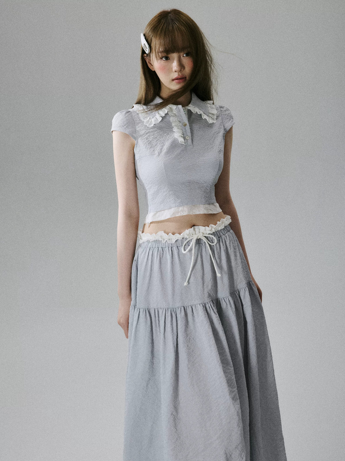 Lace-Trim Short Sleeve Shirt & Drawstring Skirt Setup