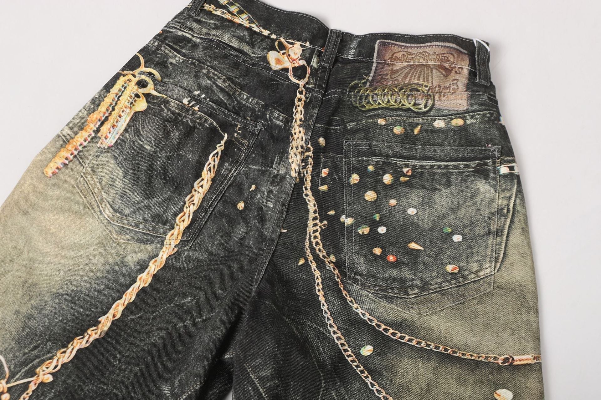 Chain Paint  3D Print Washed Wide Leg Denim Jeans