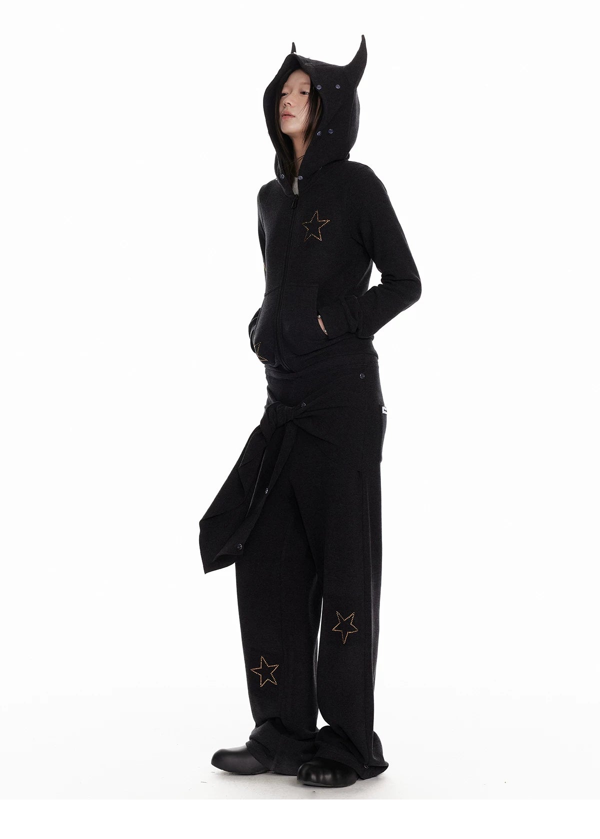 Horn Fur Collar Fuzzy Zipper Hoodie & Wide-Leg Pants Setup
