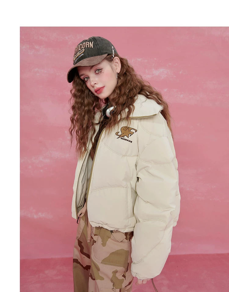Letter Print High-Neck Short White Duck Down Jacket