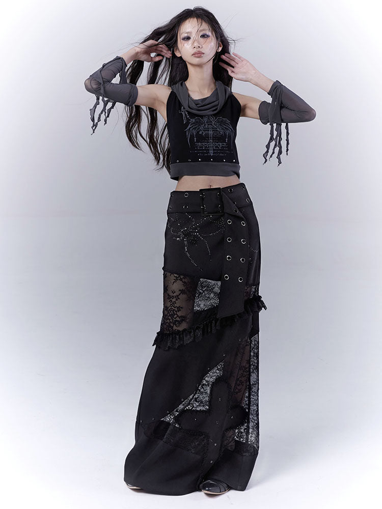Rivet Print Patchwork Sleeveless T-Shirt & Arm Cover Set